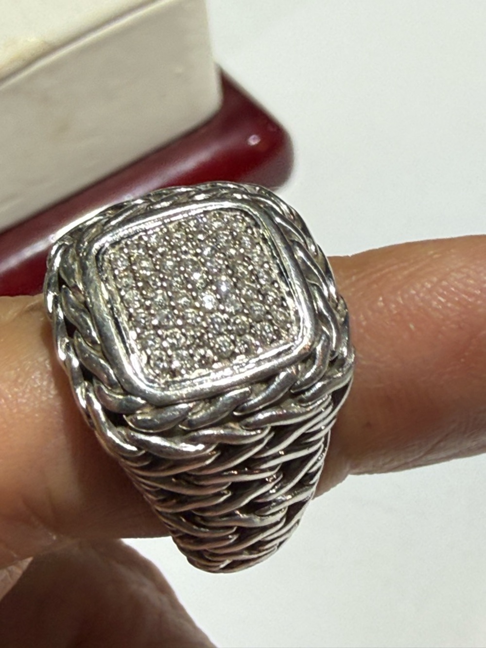 Authentic John  Hardy Sterling Silver 18k Gold Chain Diamond Signet Ring Size 7